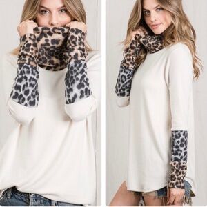 New! Soft Leopard Print Trim Cowl Neckline rounded slit Hemline Top